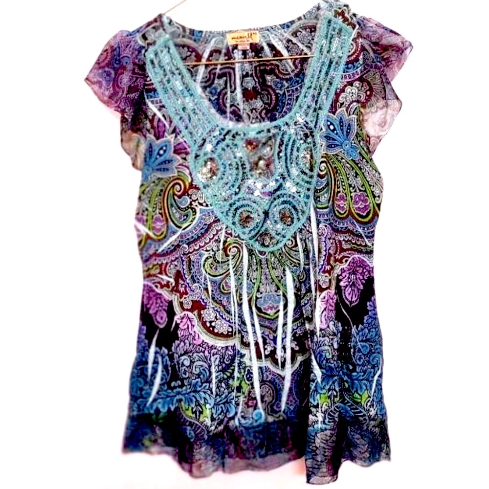 🌞 One World vintage boho turquoise bling cap sleeves square neck blouse women SP